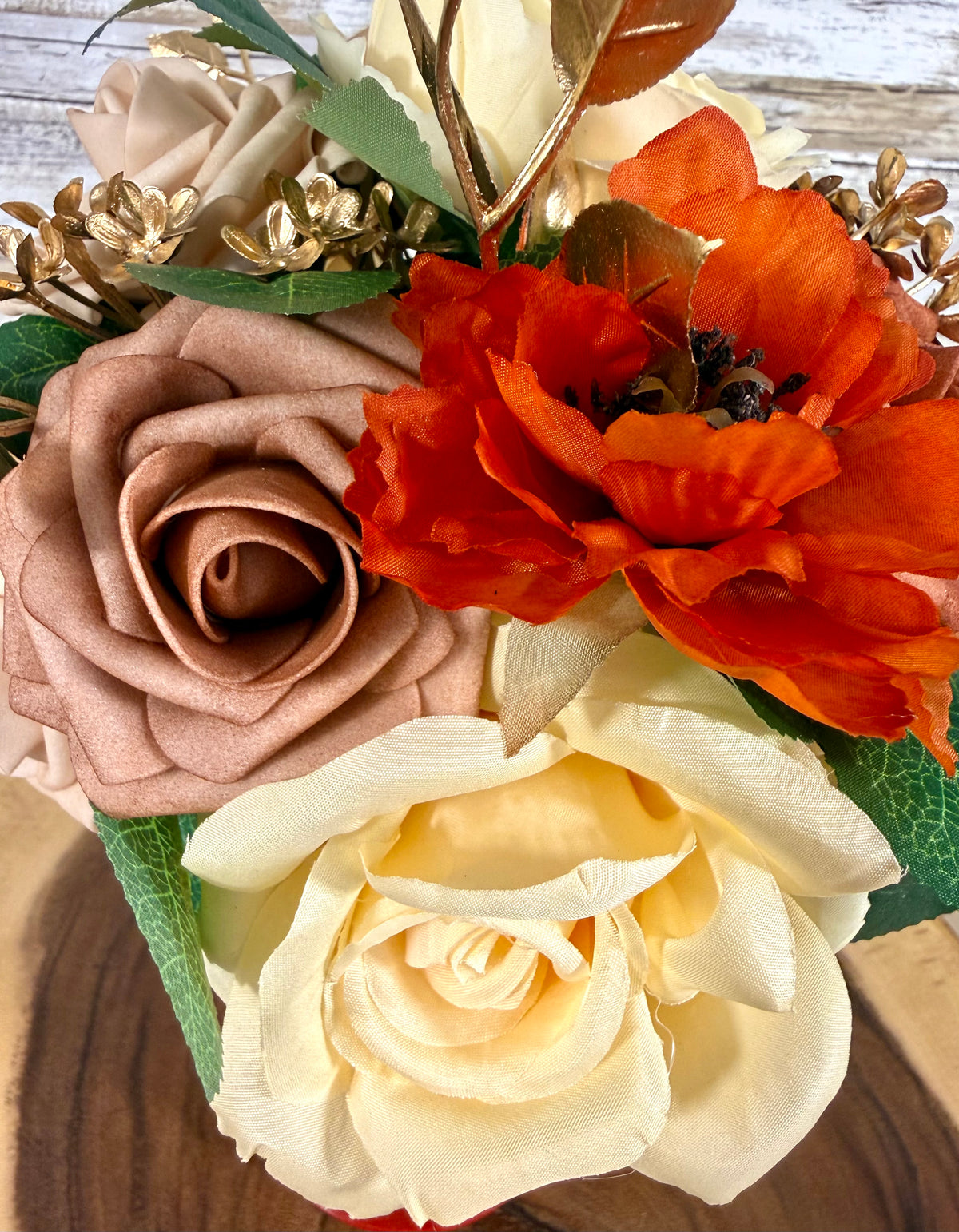 Peach & Burgundy Floral Arrangement in Red Metal Container