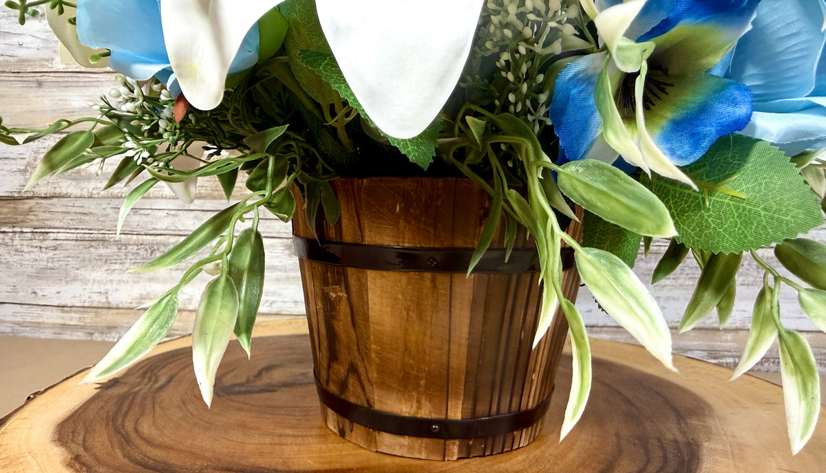 Handmade Floral Arrangement – Blue & White Faux Flowers, Rustic Wooden Barrel