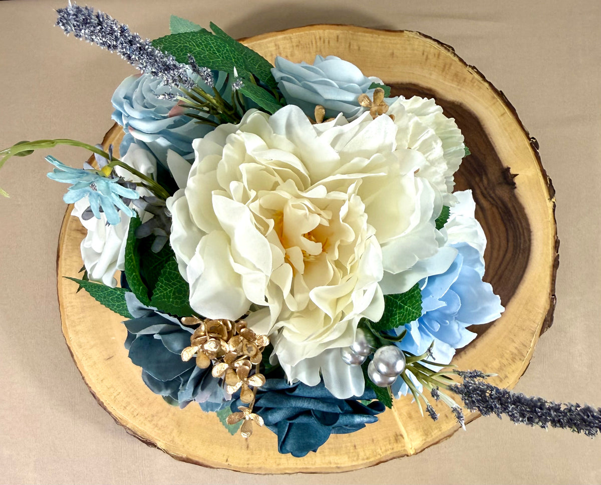 Blue & White Floral Arrangement in Rust Metal Container