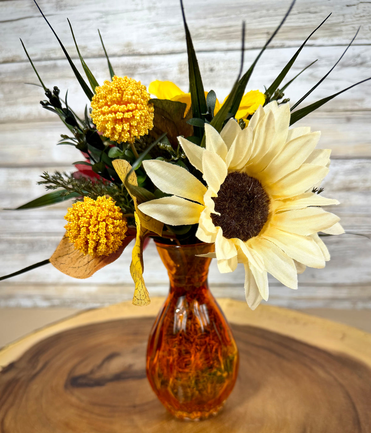 Fall Floral Arrangement | Yellow Gerbera Daisy & Orange Glass Vase