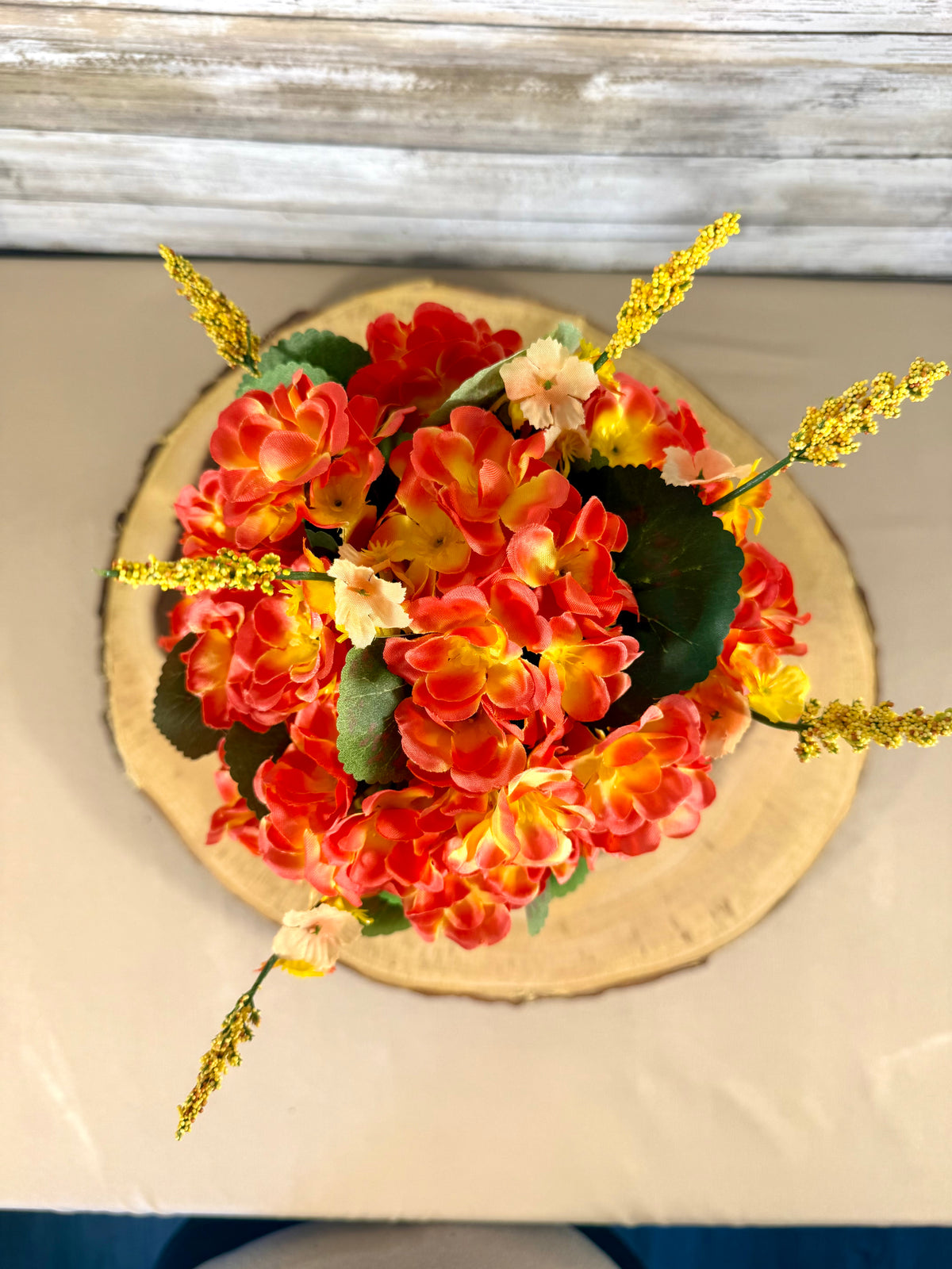 Fall Floral Arrangement, Orange Yellow Faux Flowers, Rustic Metal Bucket, Farmhouse Fall Decor