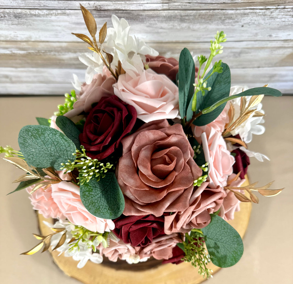 Handmade Floral Arrangement – Blush Pink & Burgundy Roses, Rustic Wooden Barrel