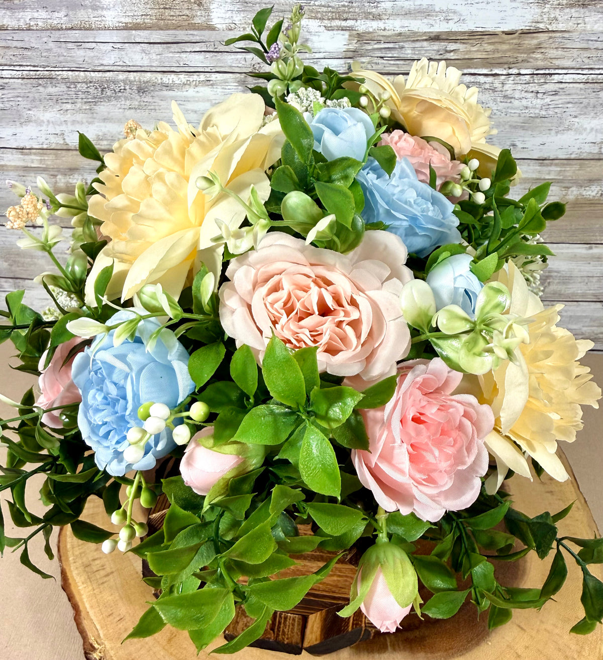 Handmade Floral Arrangement – Pastel Peonies & Garden Roses, Rustic Wooden Crate