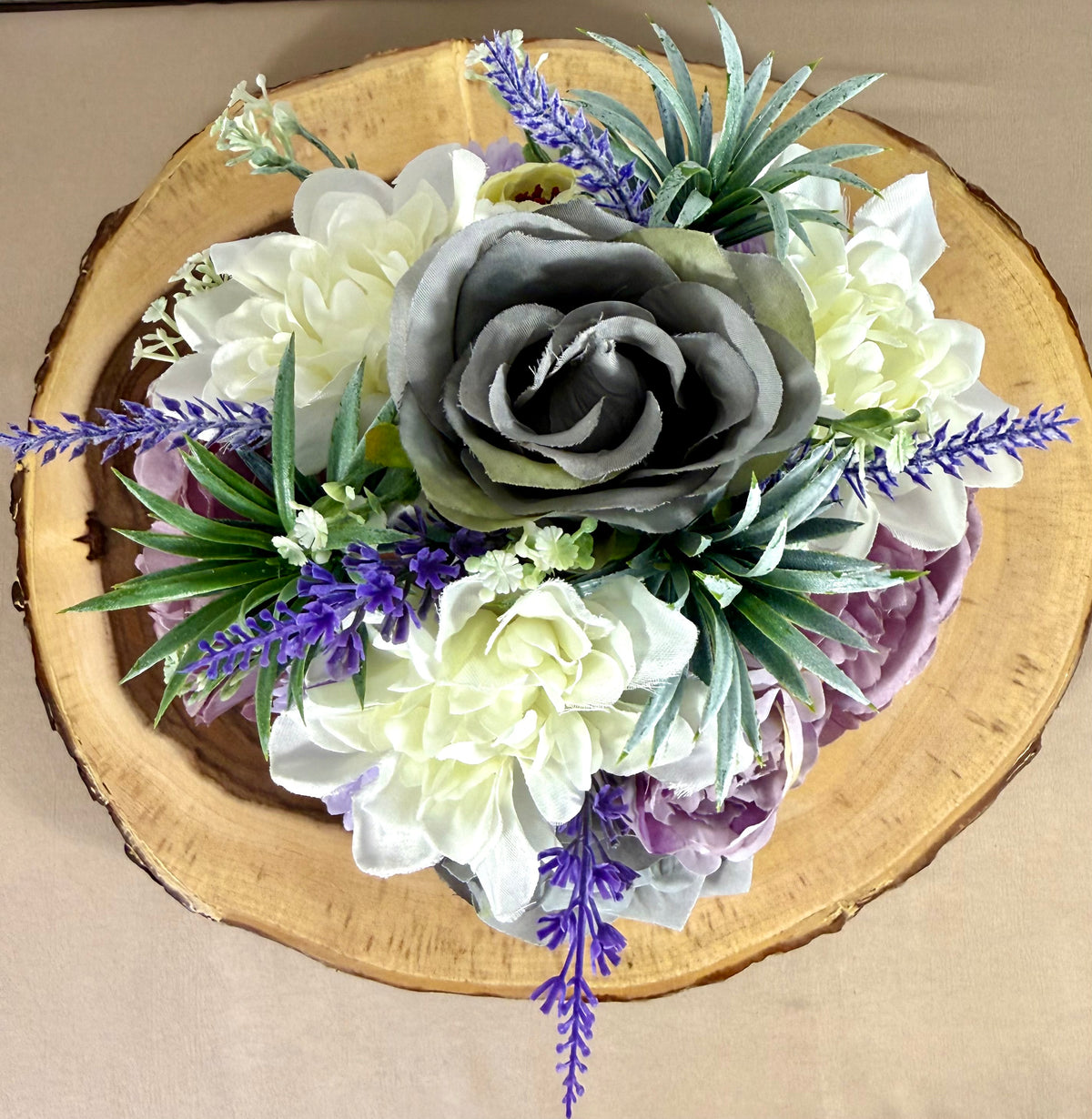 Handmade Floral Arrangement – Lavender, White & Green Flowers, Galvanized Milk Can