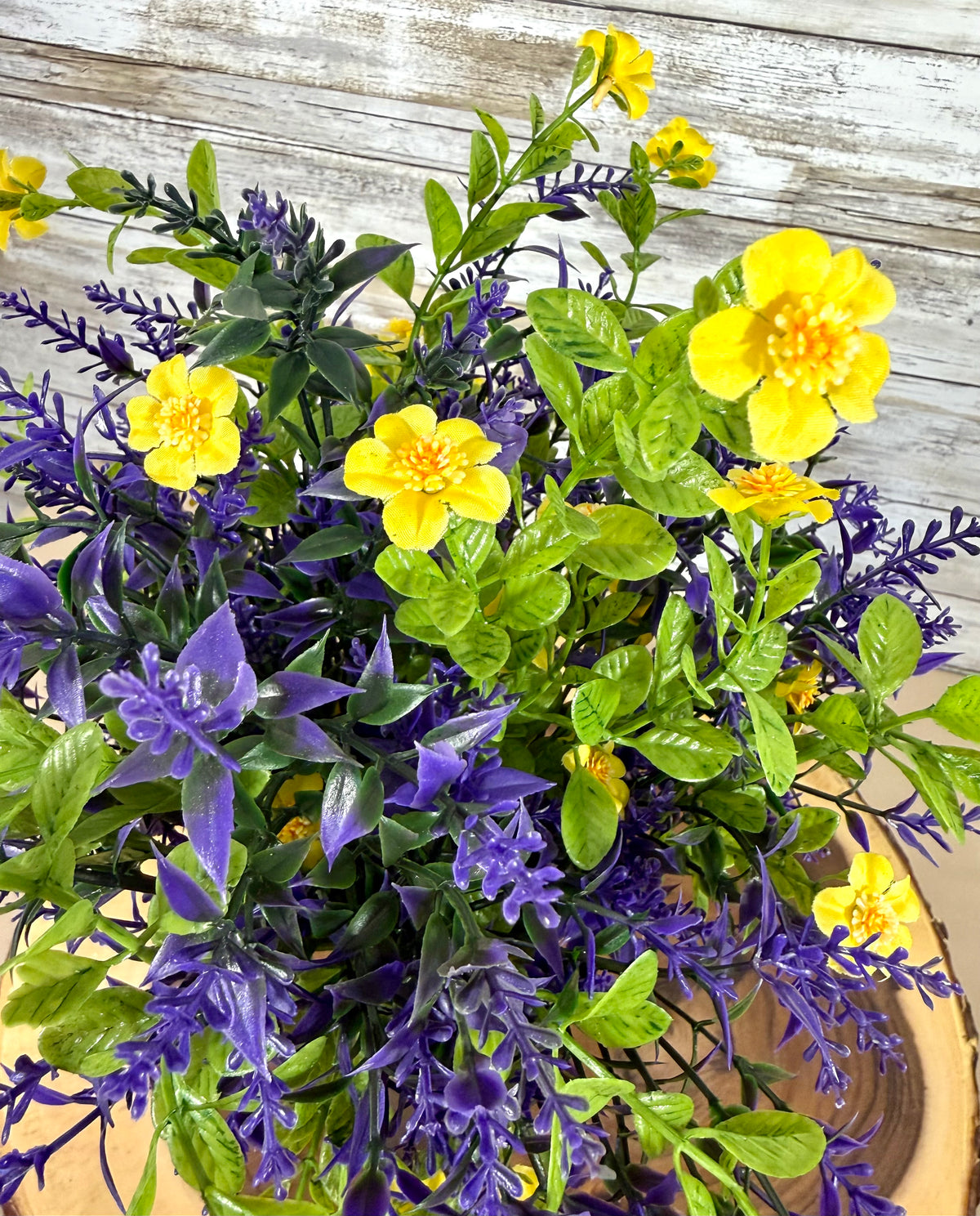 Handmade Floral Arrangement – Purple & Yellow Wildflowers, Rustic Metal Pitcher