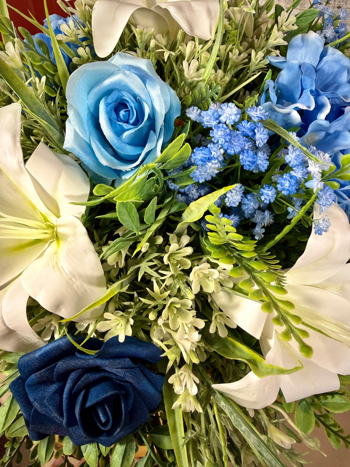 Blue & White Floral Arrangement – Handmade Lily & Rose Centerpiece