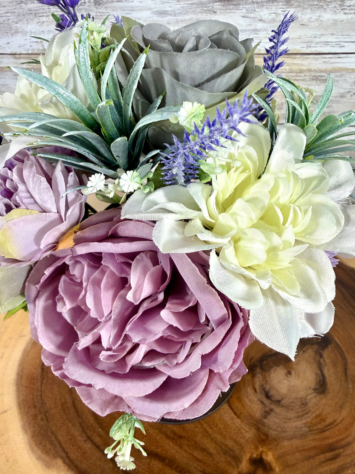 Handmade Floral Arrangement – Lavender, White & Green Flowers, Galvanized Milk Can