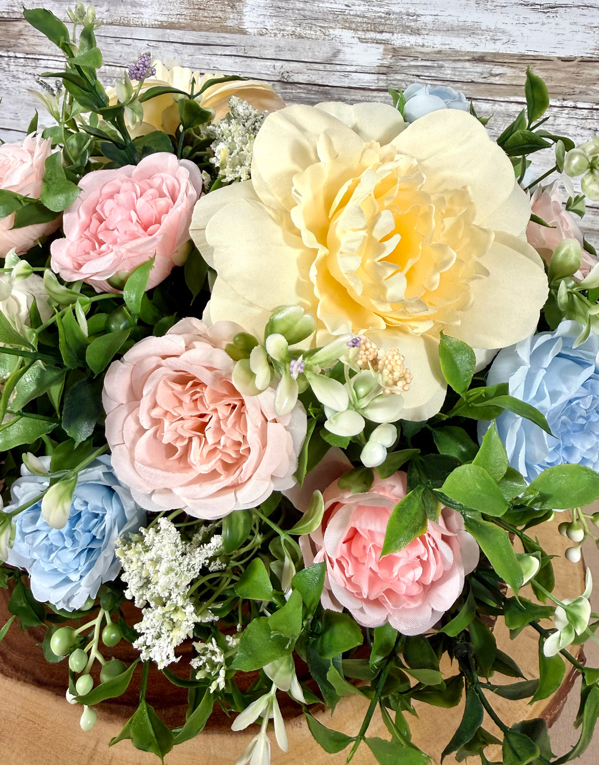 Handmade Floral Arrangement – Pastel Peonies & Garden Roses, Rustic Wooden Crate