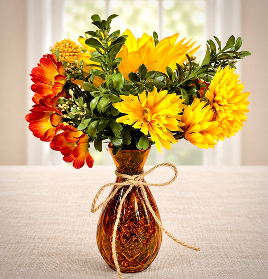 Small Fall Sunflower Floral Arrangement | Orange Glass Vase