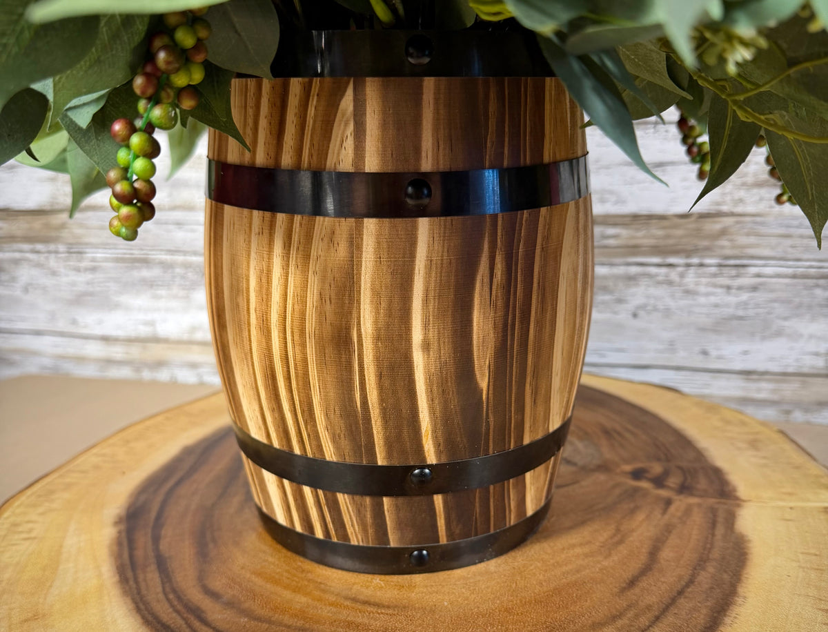 Handmade Floral Arrangement – Red & Orange Roses, Rustic Wooden Barrel