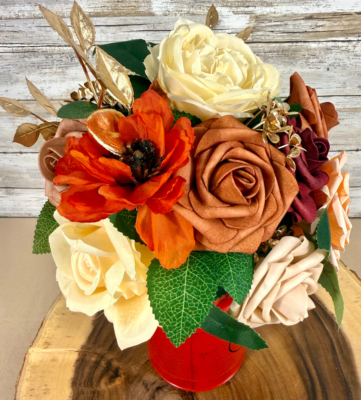 Peach & Burgundy Floral Arrangement in Red Metal Container