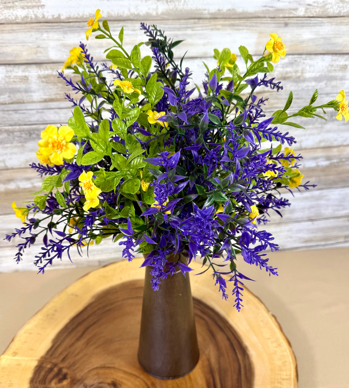 Handmade Floral Arrangement – Purple & Yellow Wildflowers, Rustic Metal Pitcher