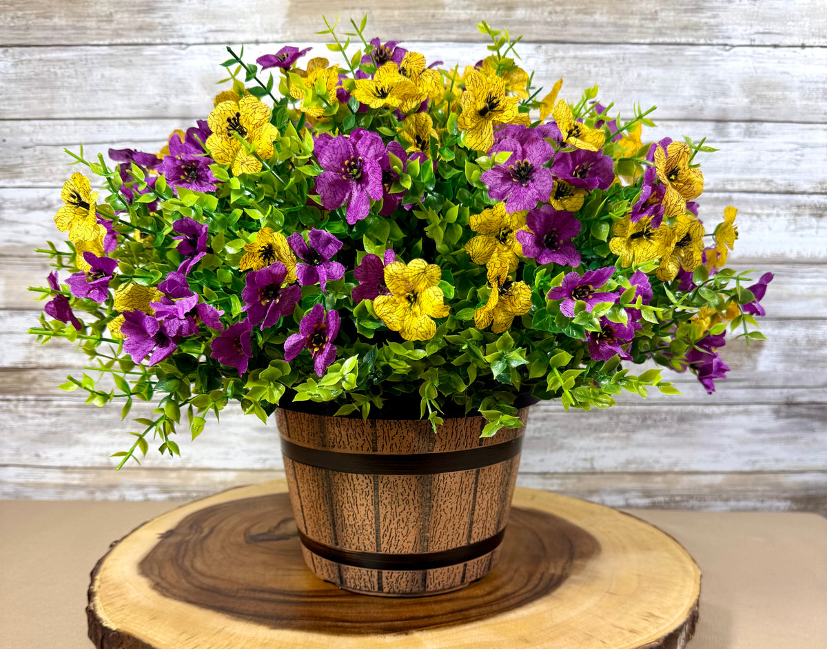 Handmade Floral Arrangement – Sunflowers & Roses, Rustic Wooden Barrel