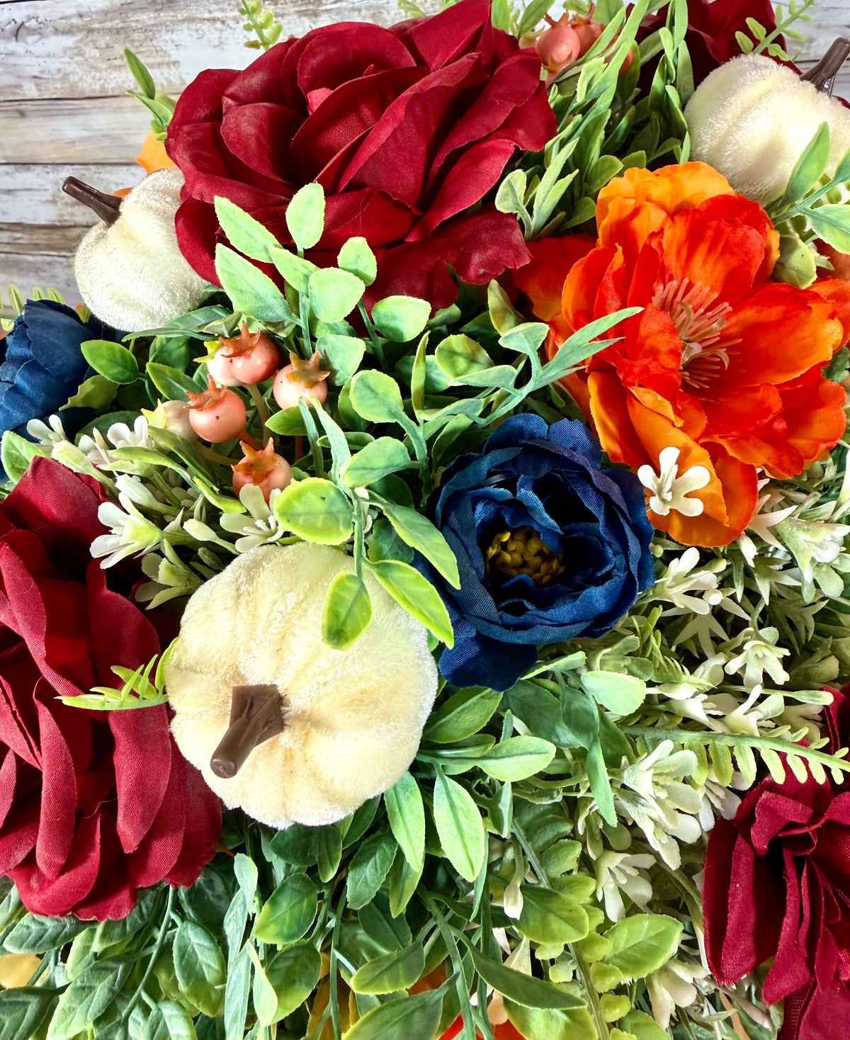 Large Fall Floral Arrangement | Orange Roses & Burgundy Dahlia Wheelbarrow