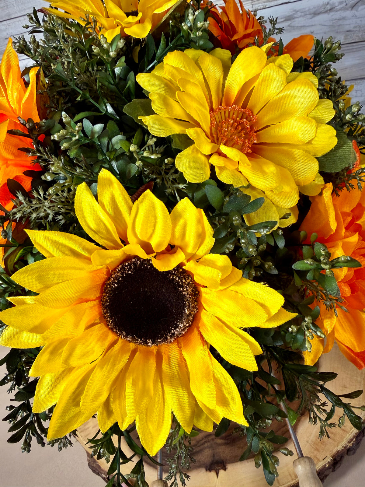 Large Fall Sunflower Arrangement | Orange Flowers & Metal Wheelbarrow