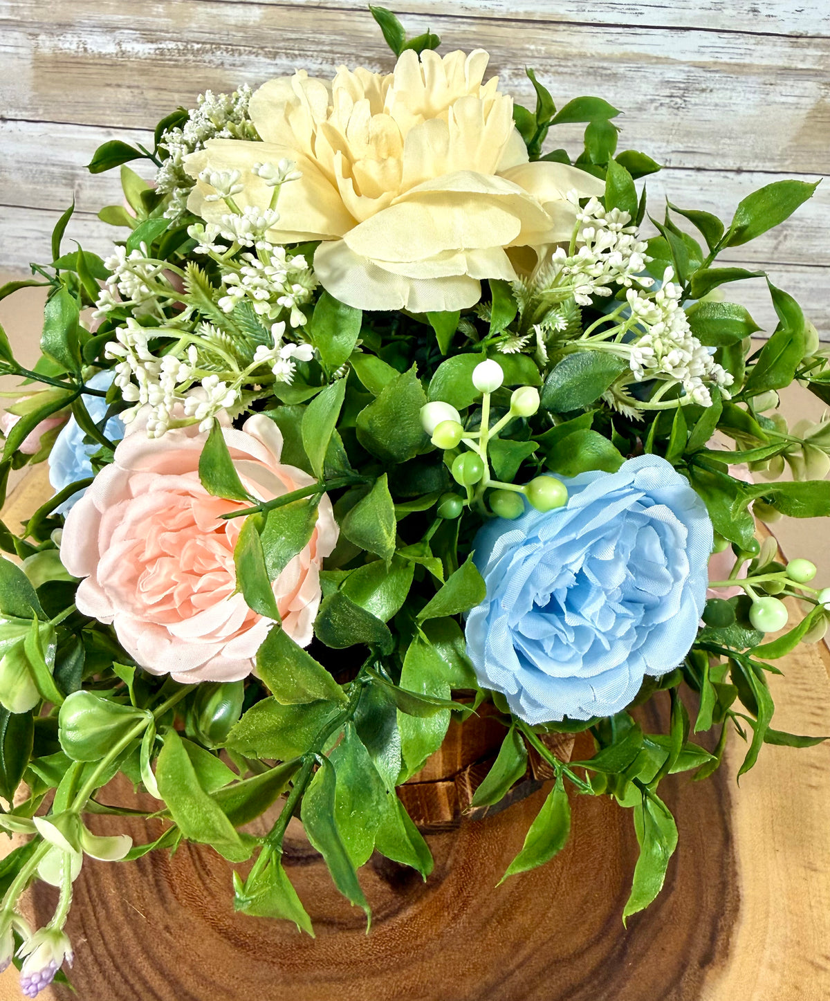 Handmade Floral Arrangement – Compact Faux Flower Centerpiece, Rustic Decor
