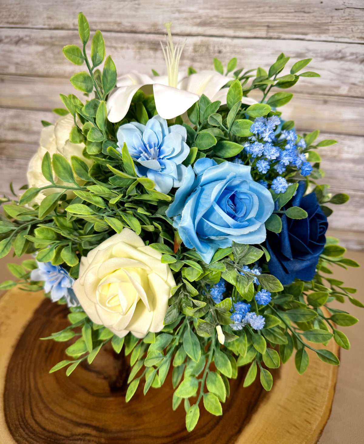 Blue & White Floral Arrangement – Handmade Lily & Rose Decor