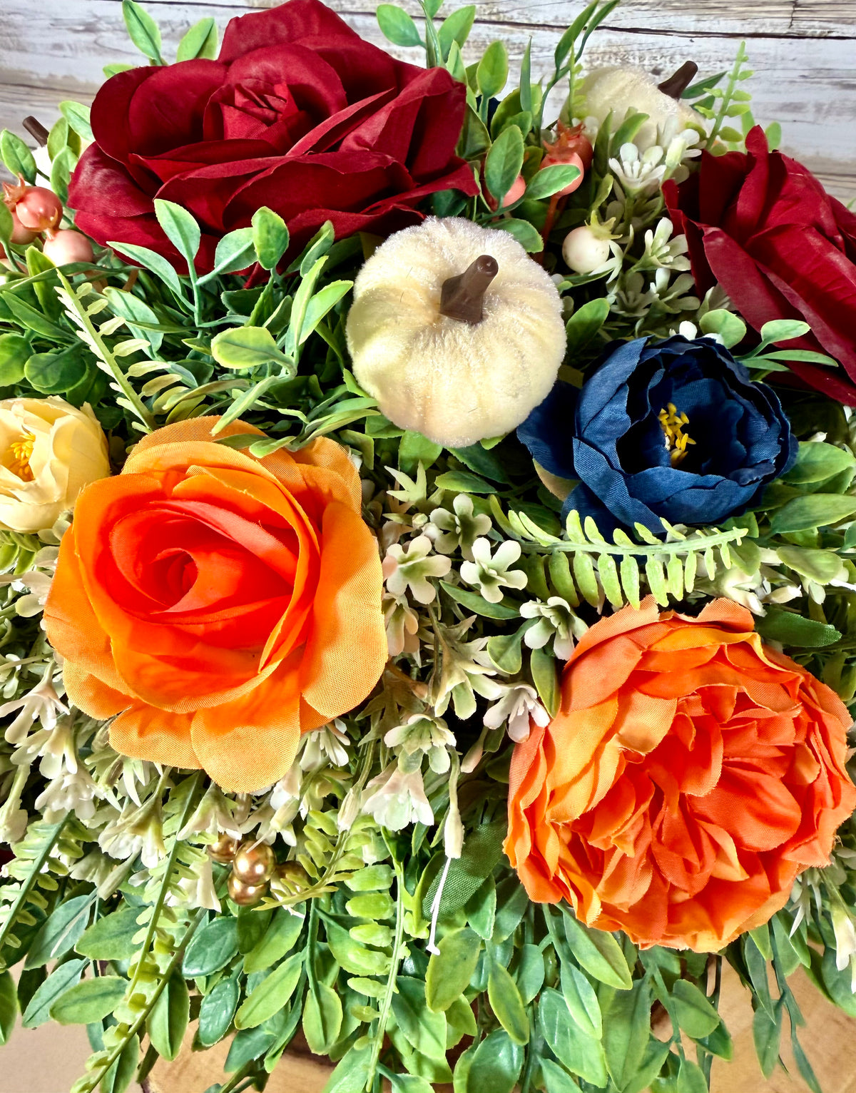 Large Fall Floral Arrangement | Orange Roses & Burgundy Dahlia Wheelbarrow