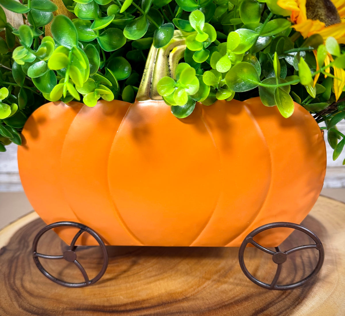 Fall Pumpkin Carriage Floral Arrangement – Sunflower & Autumn Centerpiece