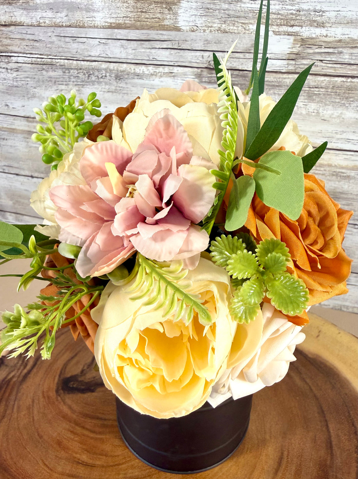 Handmade Floral Arrangement – Cream & Blush Roses, Black Metal Milk Can