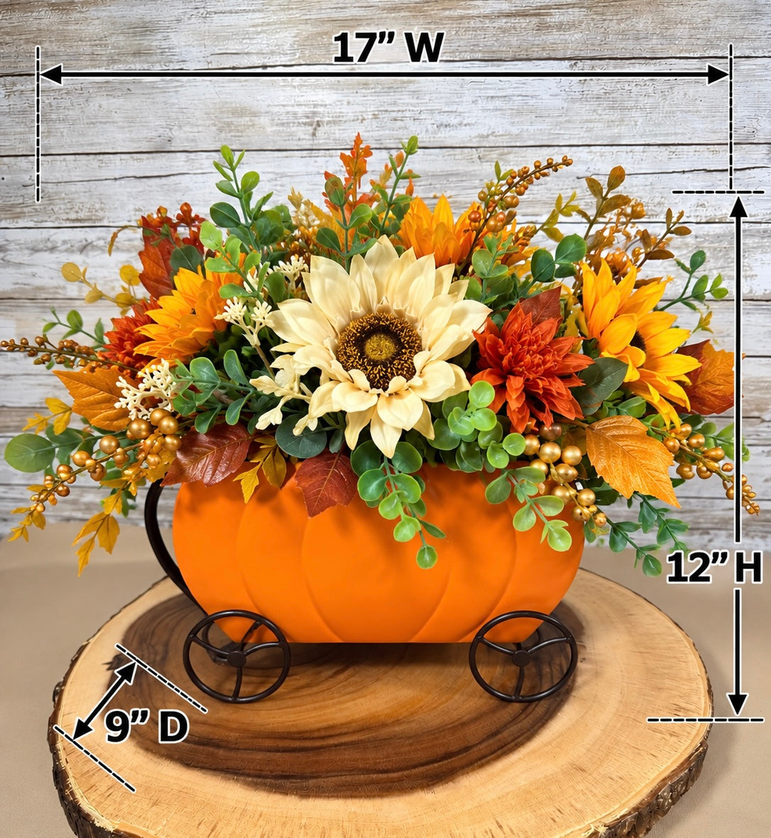 Fall Pumpkin Carriage Floral Arrangement – Autumn Flowers & Farmhouse Decor