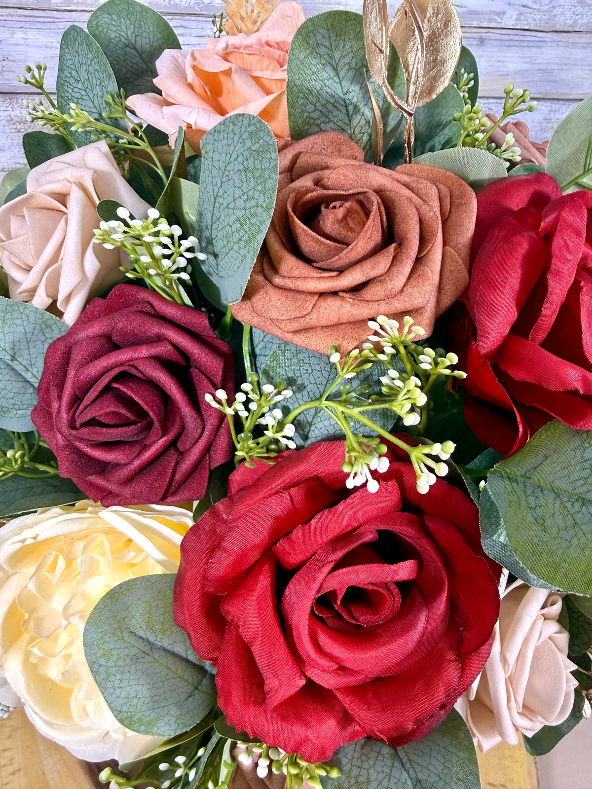 Burgundy & Cream Fall Floral Arrangement in Wooden Barrel