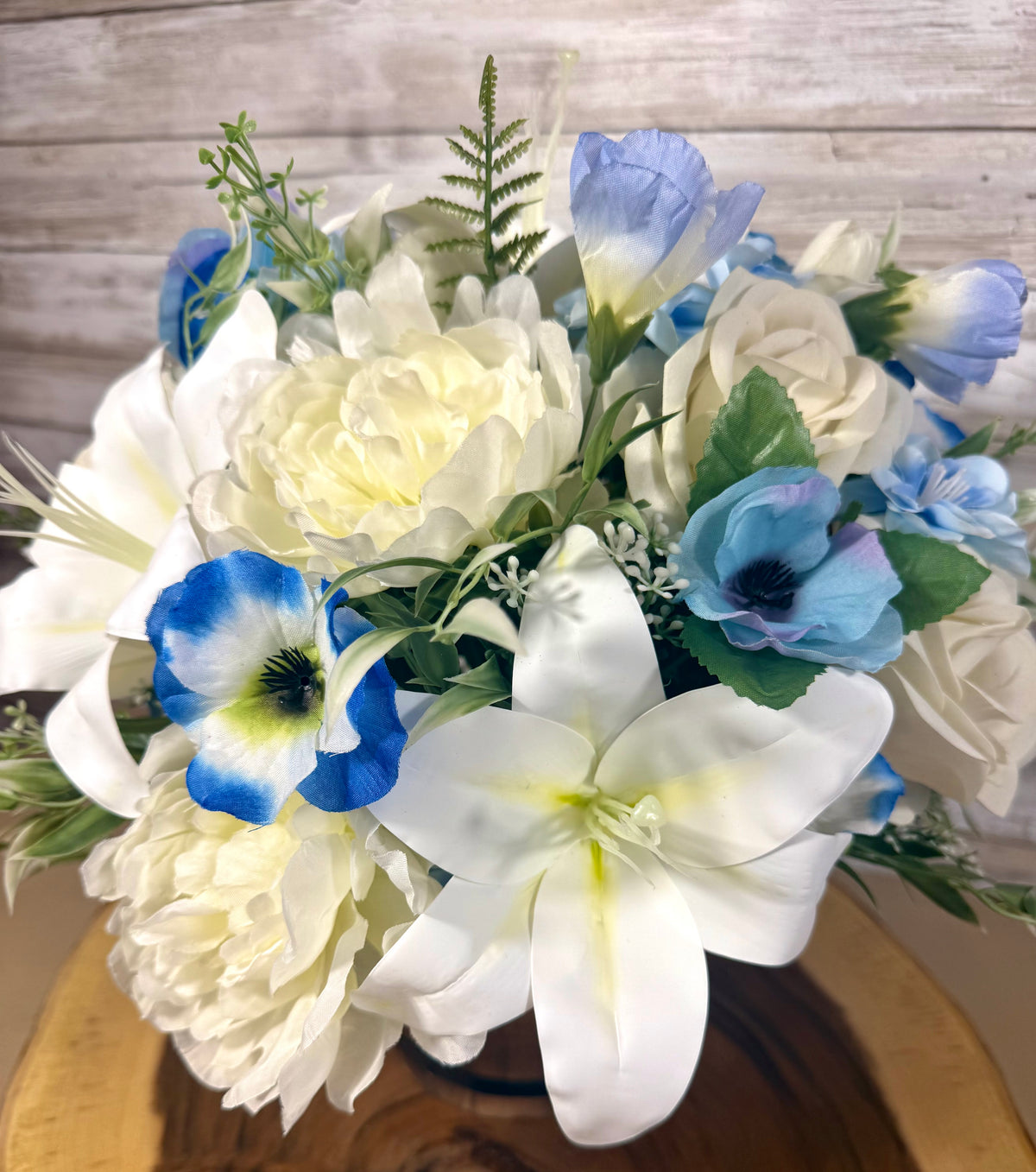 Handmade Floral Arrangement – Blue & White Faux Flowers, Rustic Wooden Barrel