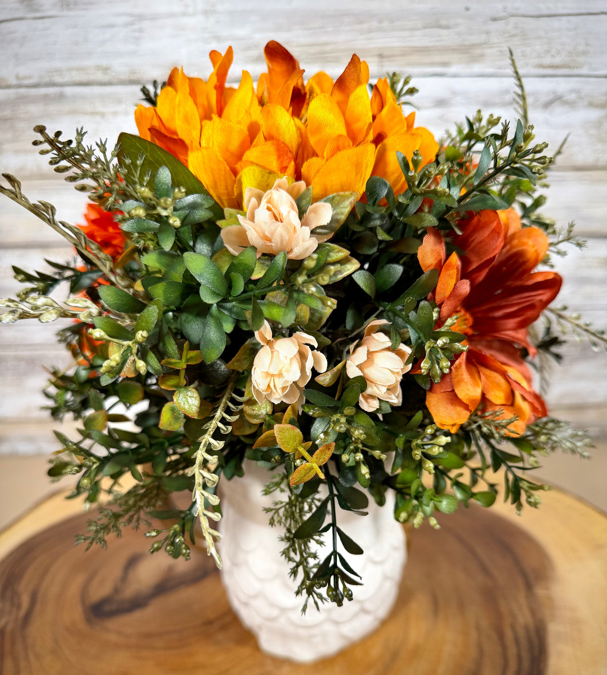Fall Owl Floral Arrangement – Orange & Cream Artificial Flowers