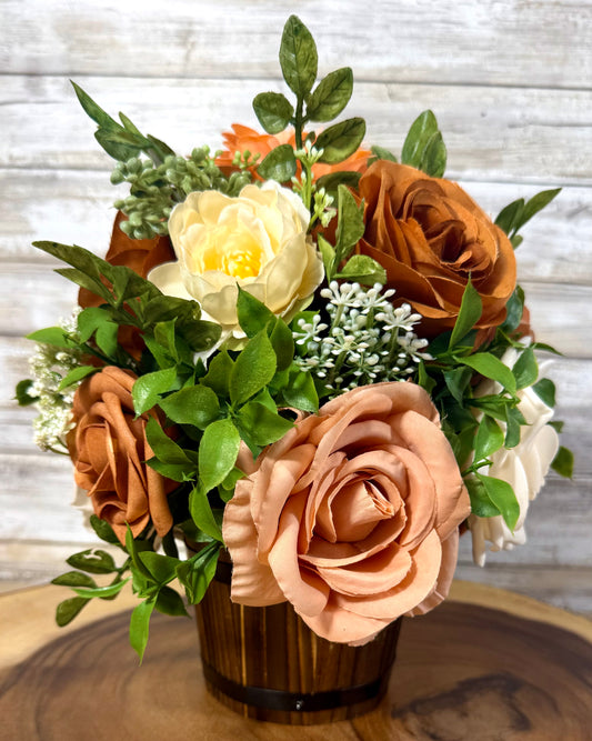 Handmade Floral Arrangement – Cream & Tan Faux Roses, Rustic Wooden Barrel