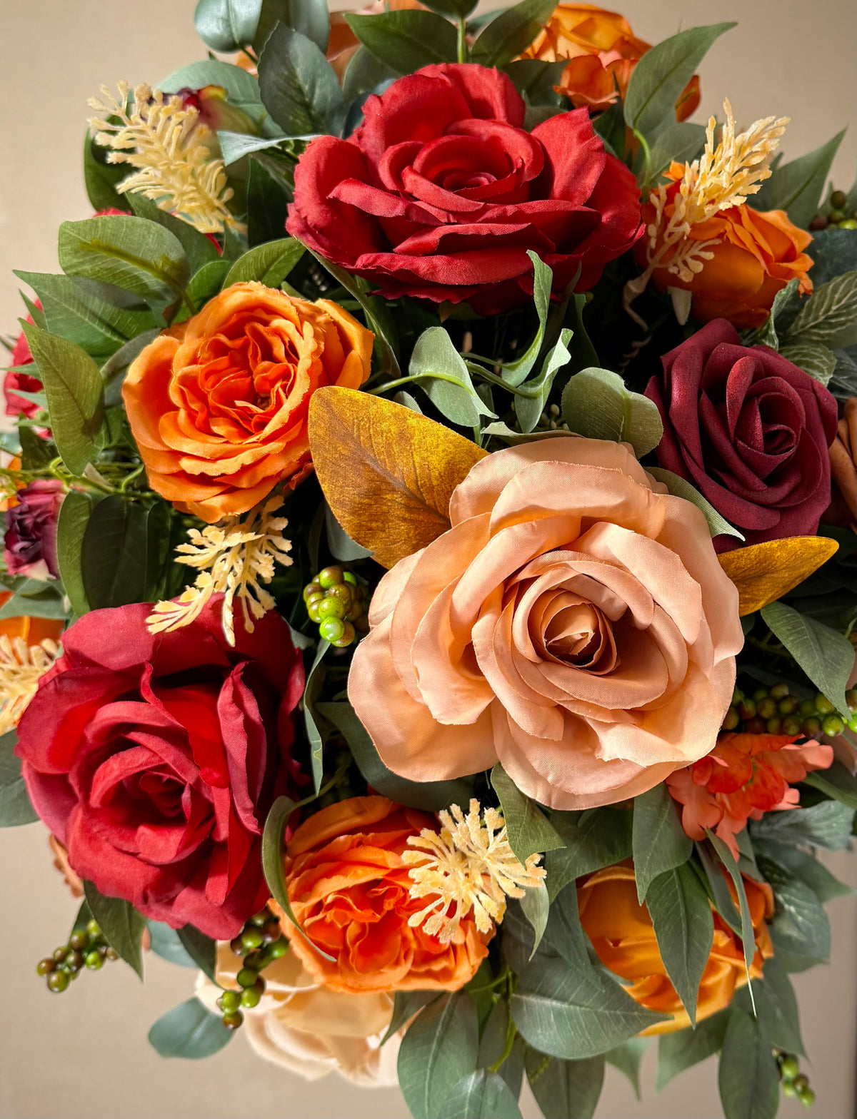 Handmade Floral Arrangement – Red & Orange Roses, Rustic Wooden Barrel