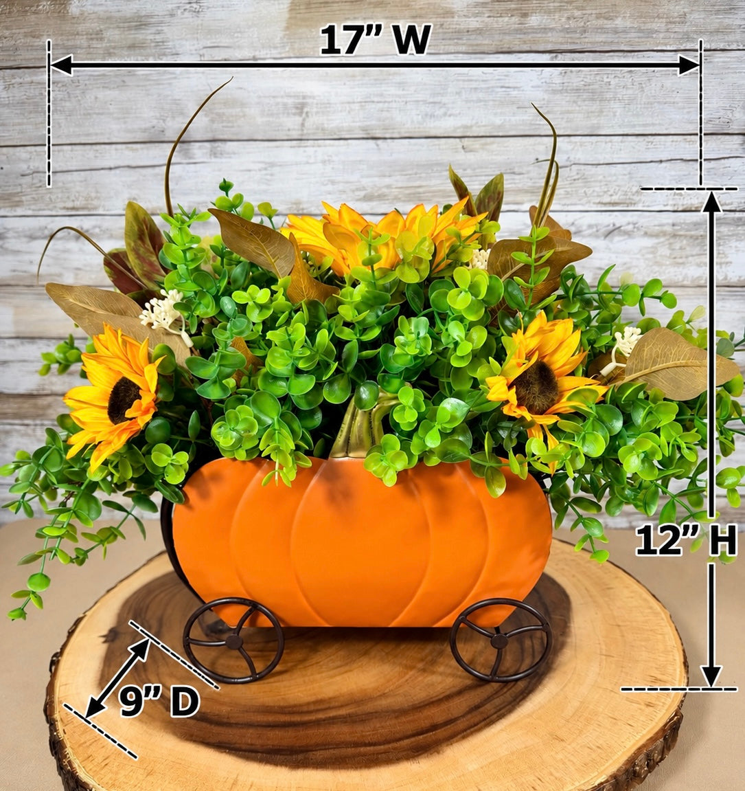 Fall Pumpkin Carriage Floral Arrangement – Sunflower & Autumn Centerpiece