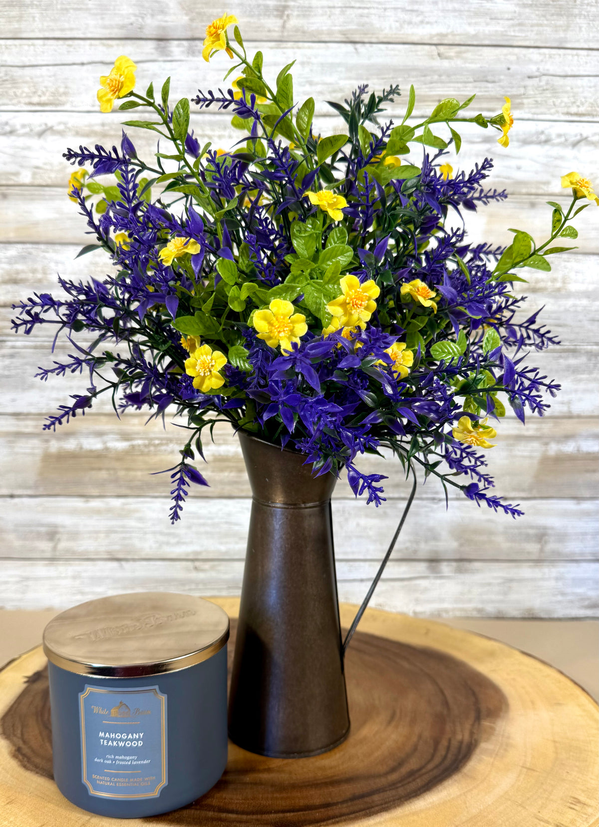 Handmade Floral Arrangement – Purple & Yellow Wildflowers, Rustic Metal Pitcher