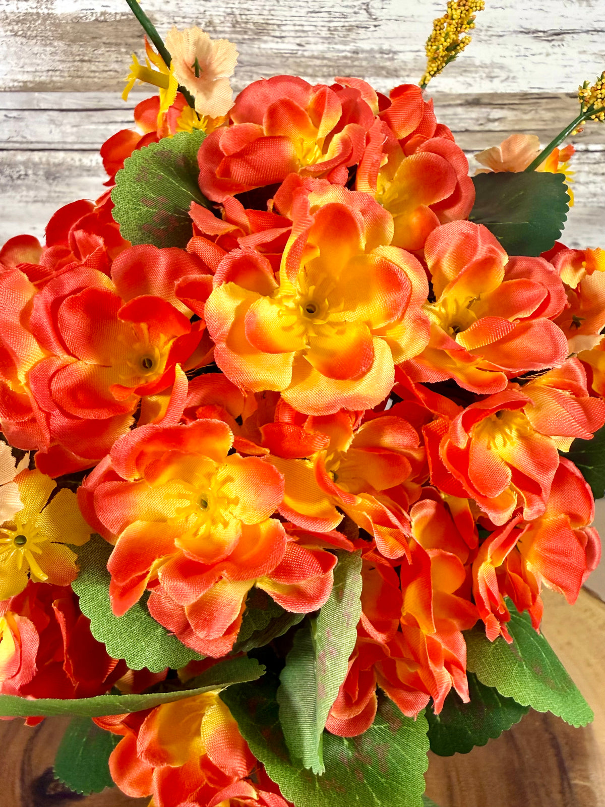 Fall Floral Arrangement, Orange Yellow Faux Flowers, Rustic Metal Bucket, Farmhouse Fall Decor