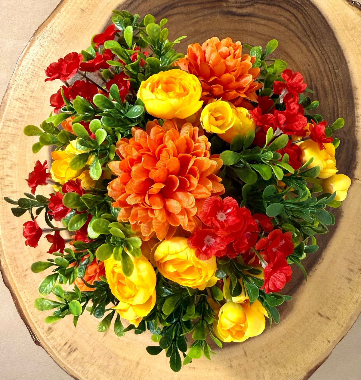 Orange & Yellow Handmade Floral Arrangement – Rustic Wooden Base