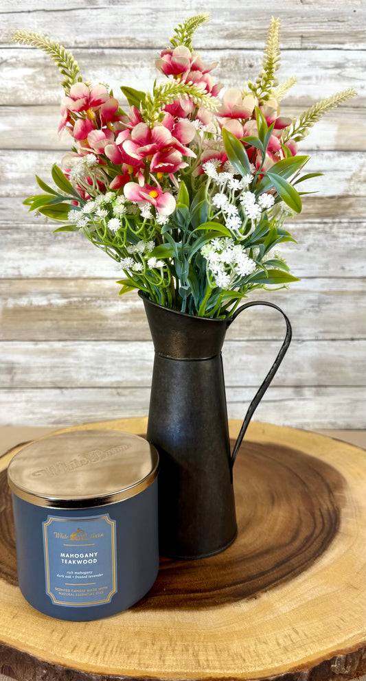 Handmade Floral Arrangement – Pink & White Wildflowers, Black Metal Pitcher