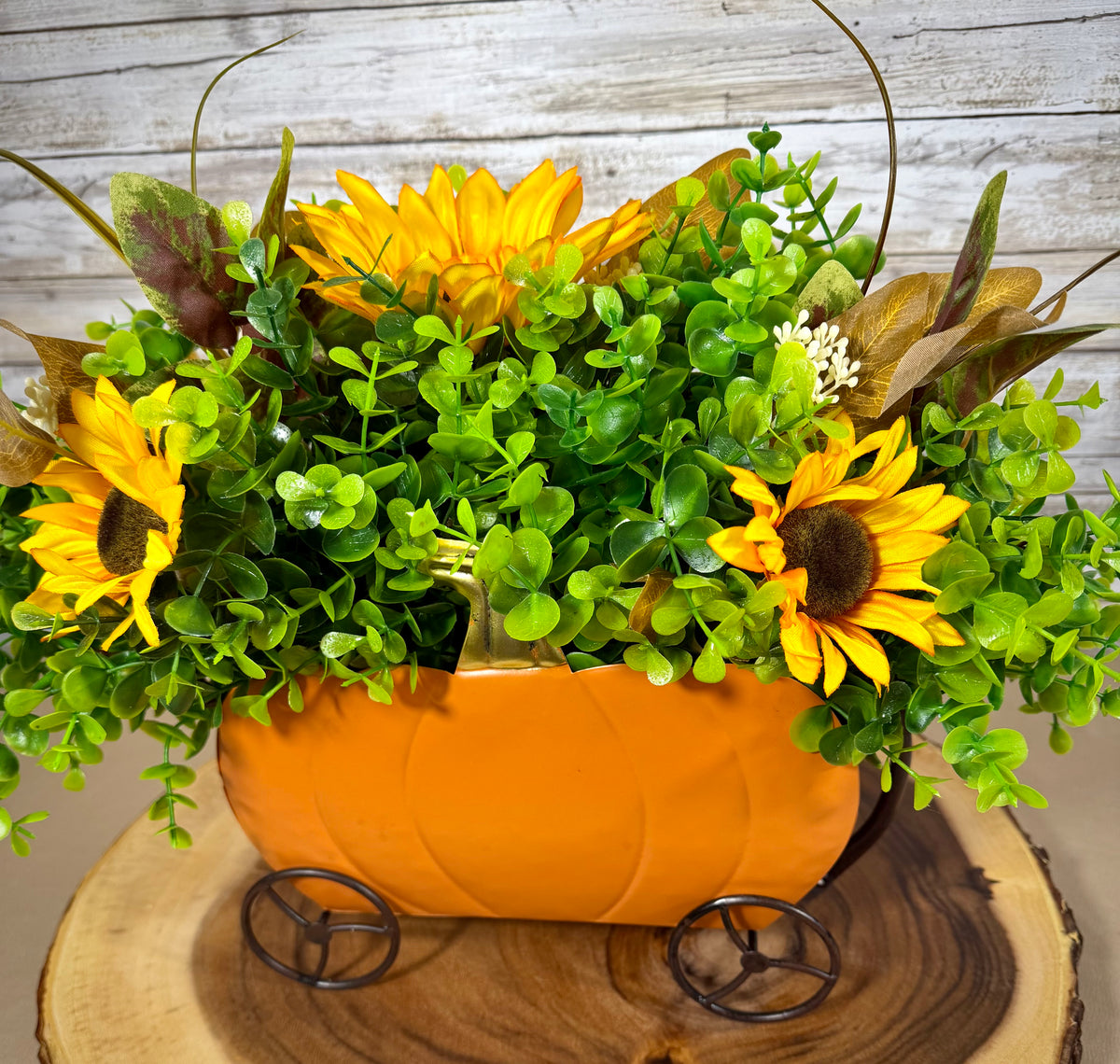 Fall Pumpkin Carriage Floral Arrangement – Sunflower & Autumn Centerpiece