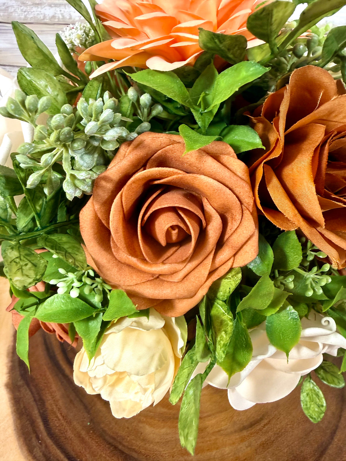 Handmade Floral Arrangement – Cream & Tan Faux Roses, Rustic Wooden Barrel