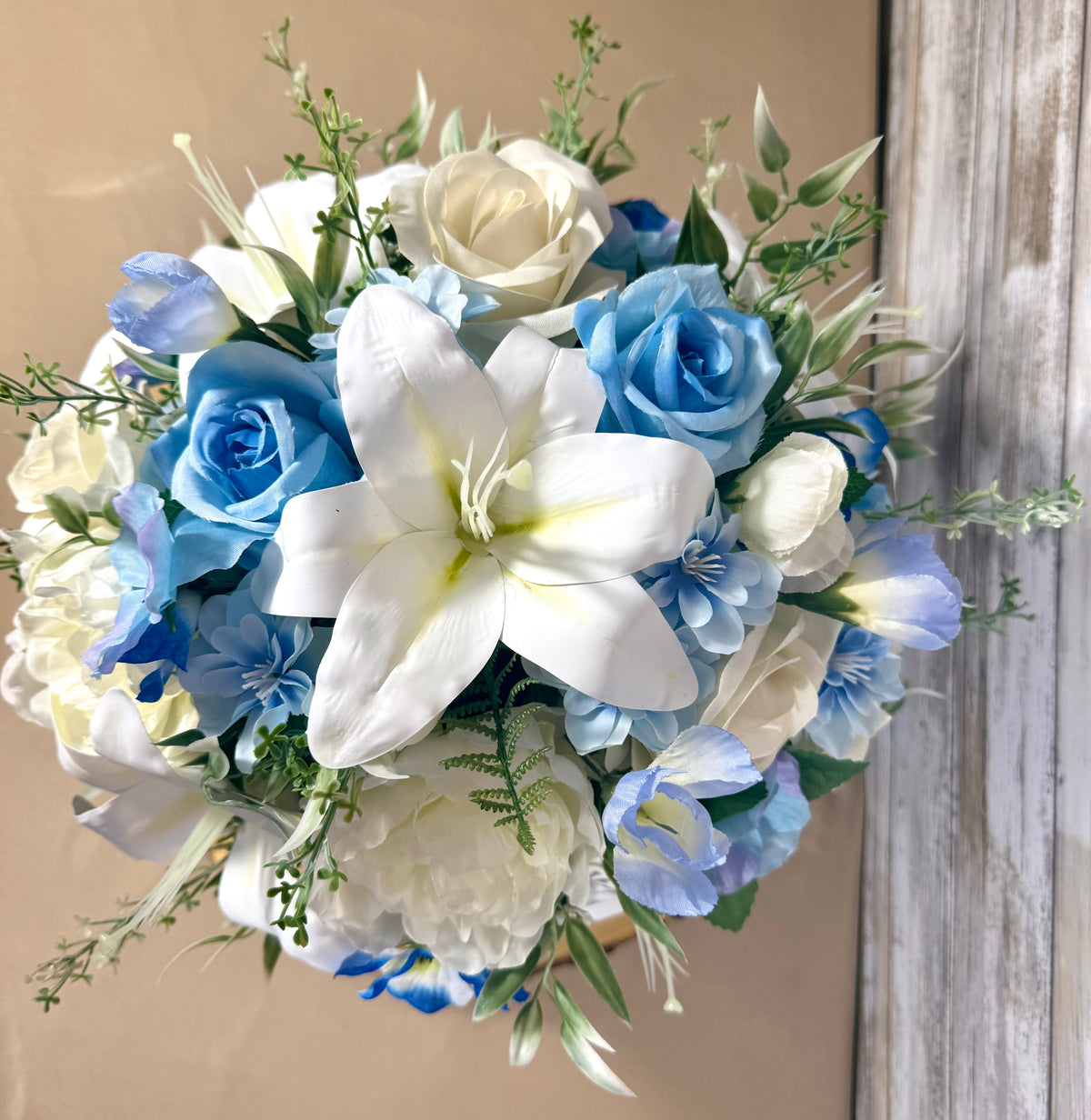 Handmade Floral Arrangement – Blue & White Faux Flowers, Rustic Wooden Barrel