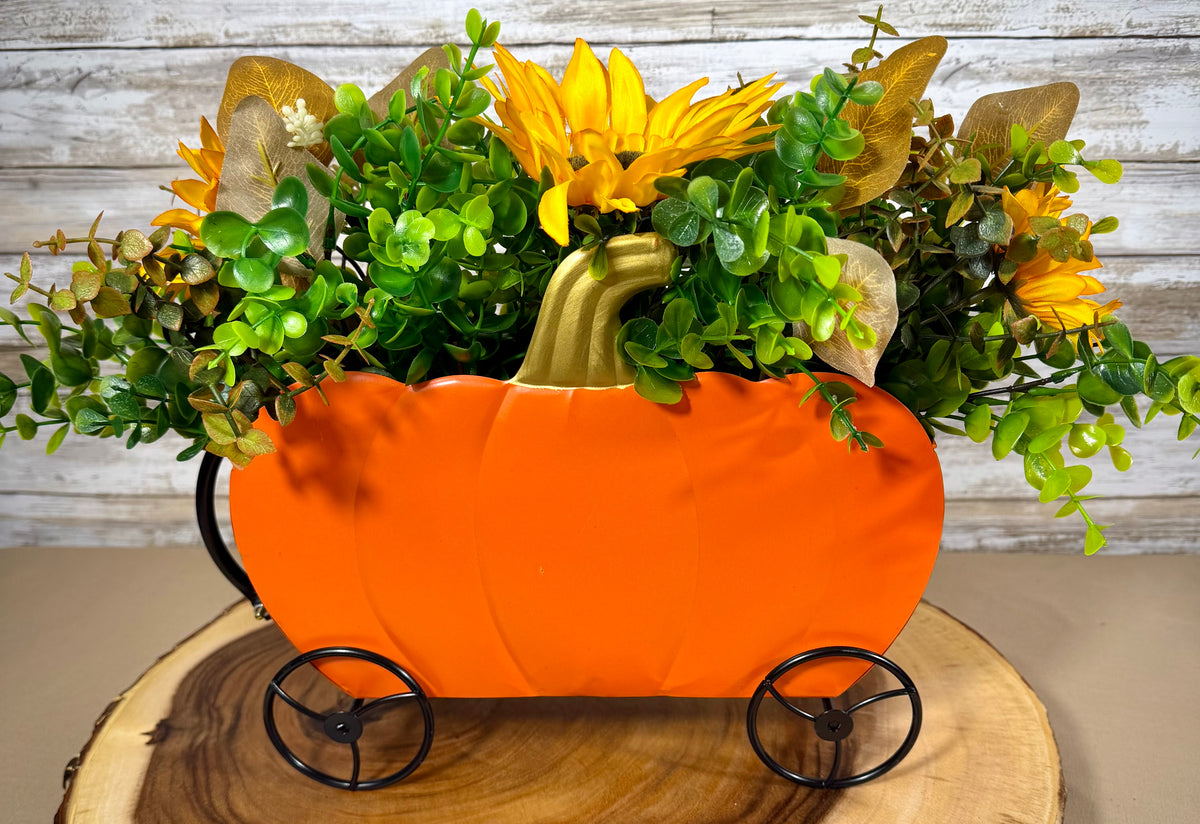 Pumpkin Carriage Fall Floral Arrangement – Yellow Sunflowers & Orange Flowers