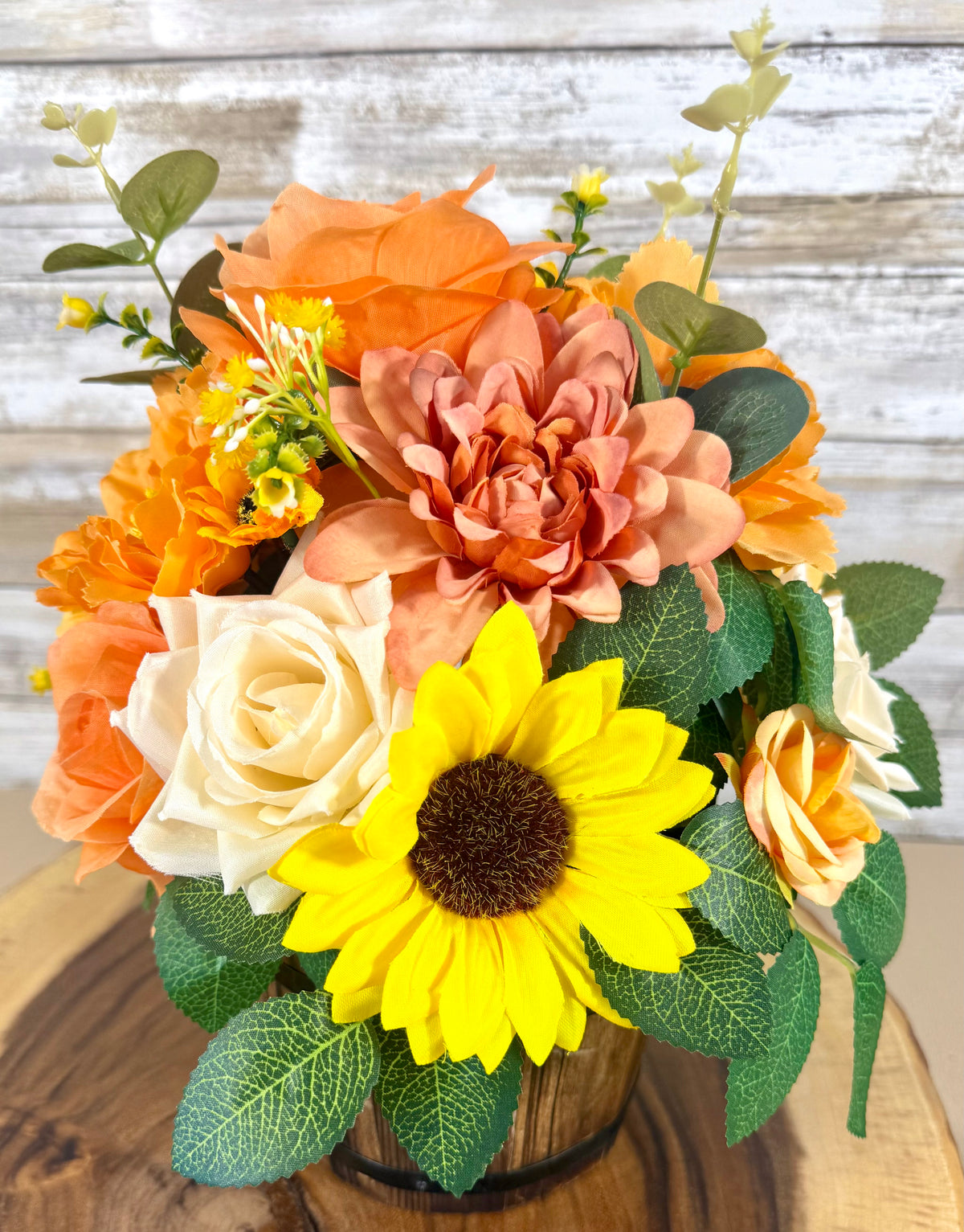 Handmade Floral Arrangement – Orange & Yellow Flowers, Rustic Wooden Barrel