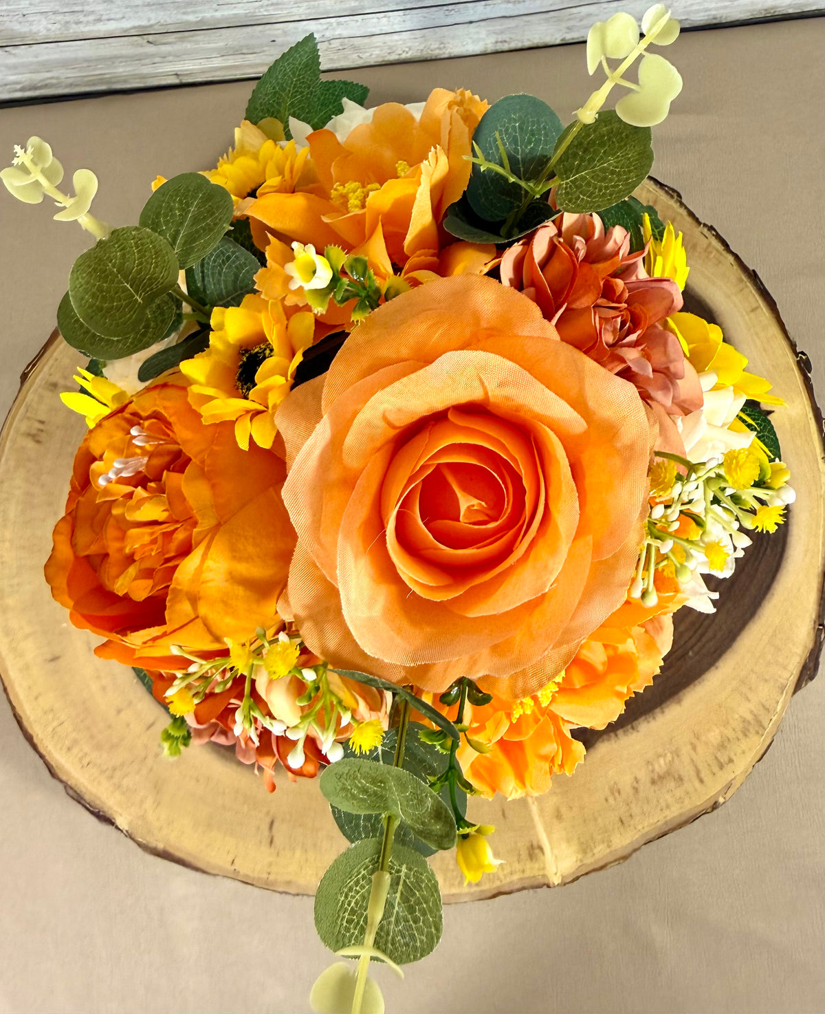 Handmade Floral Arrangement – Orange & Yellow Flowers, Rustic Wooden Barrel