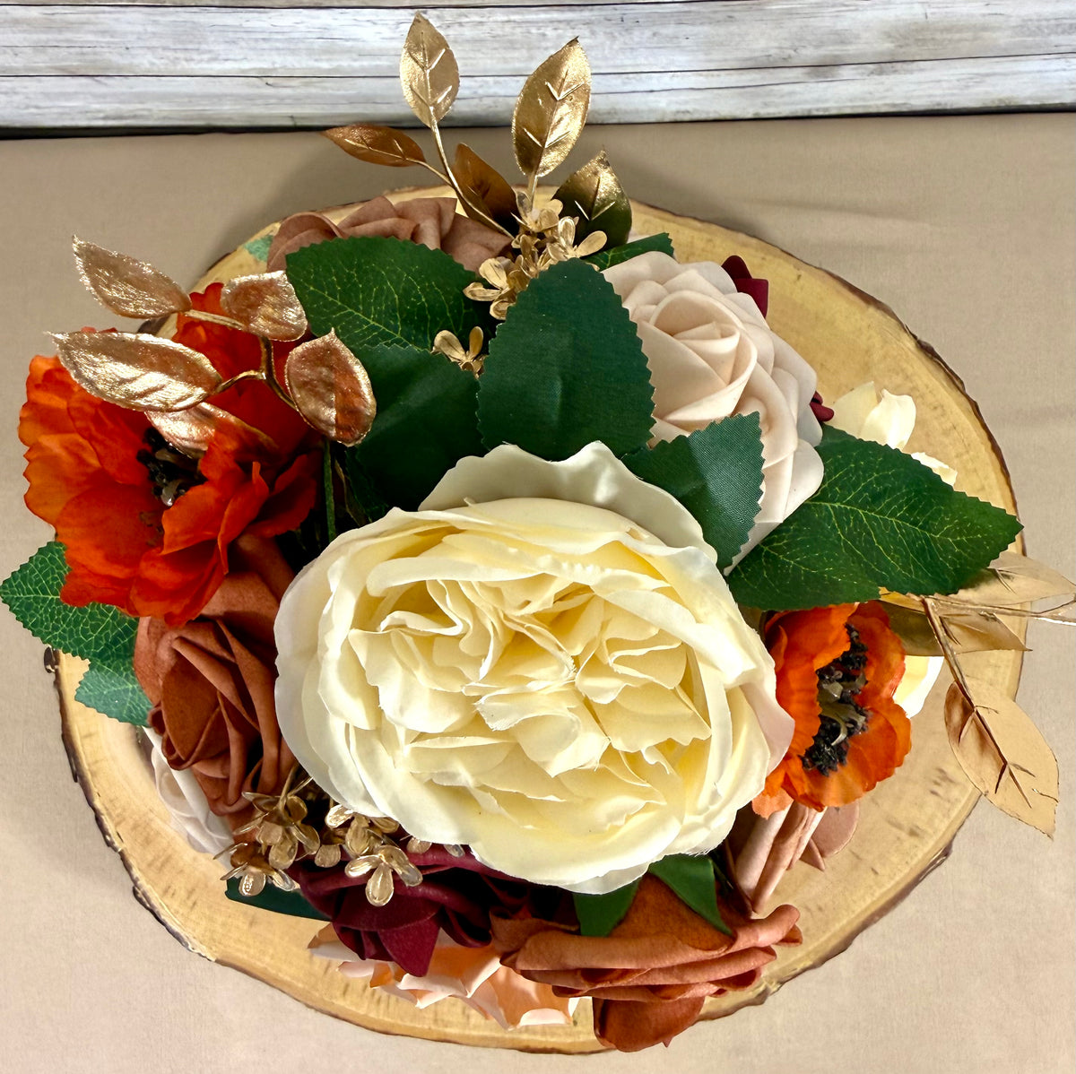 Peach & Burgundy Floral Arrangement in Red Metal Container