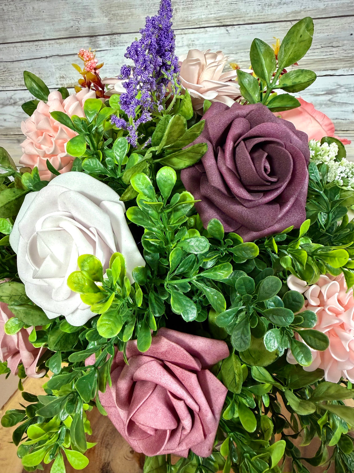 Handmade Purple & Gray Floral Arrangement – Rustic Bucket Decor