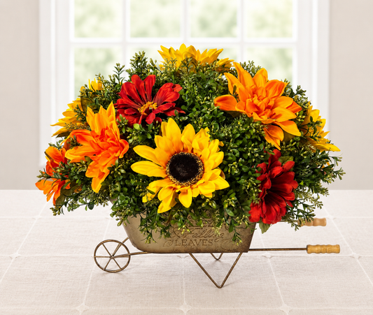 Large Fall Sunflower Arrangement | Orange Flowers & Metal Wheelbarrow