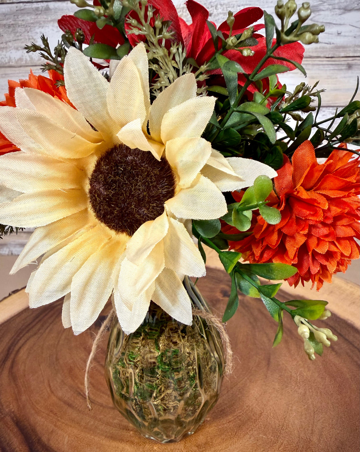Small Fall Floral Arrangement | Red Gerber Daisy & White Sunflowers