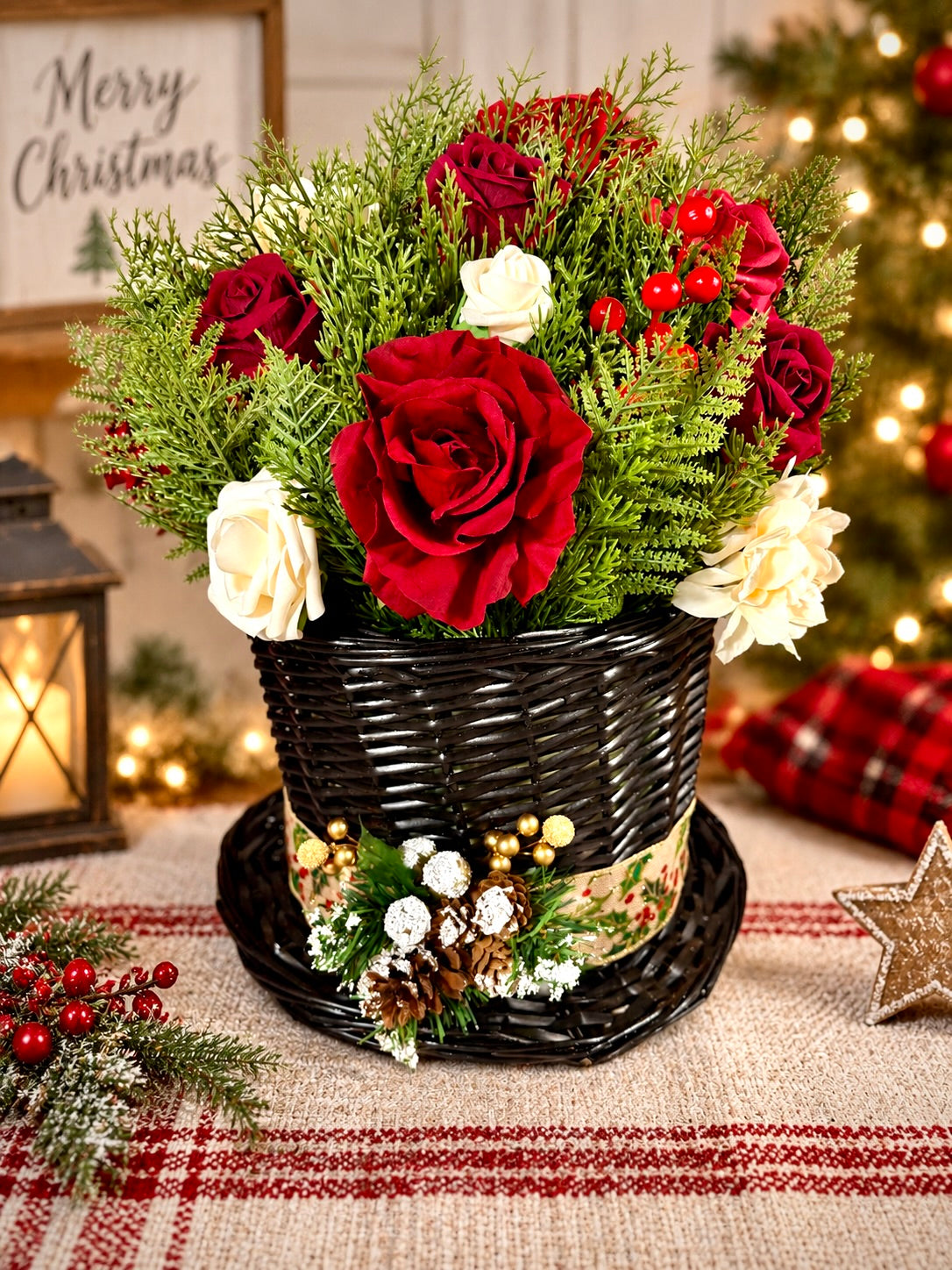 Christmas Rose Floral Arrangement | Red & White Holiday Centerpiece