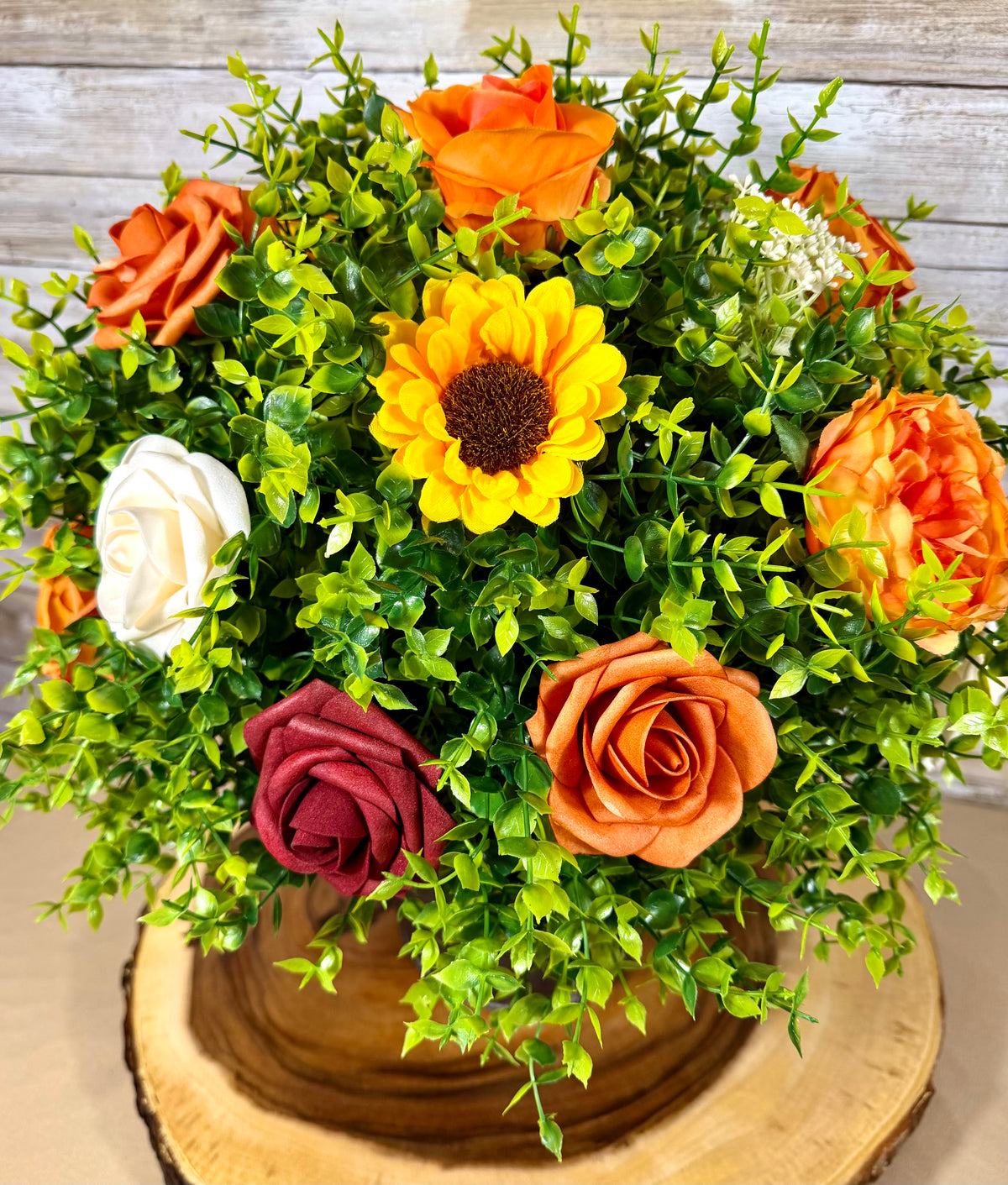 Large Fall Sunflower & Rose Arrangement | Metal Bucket