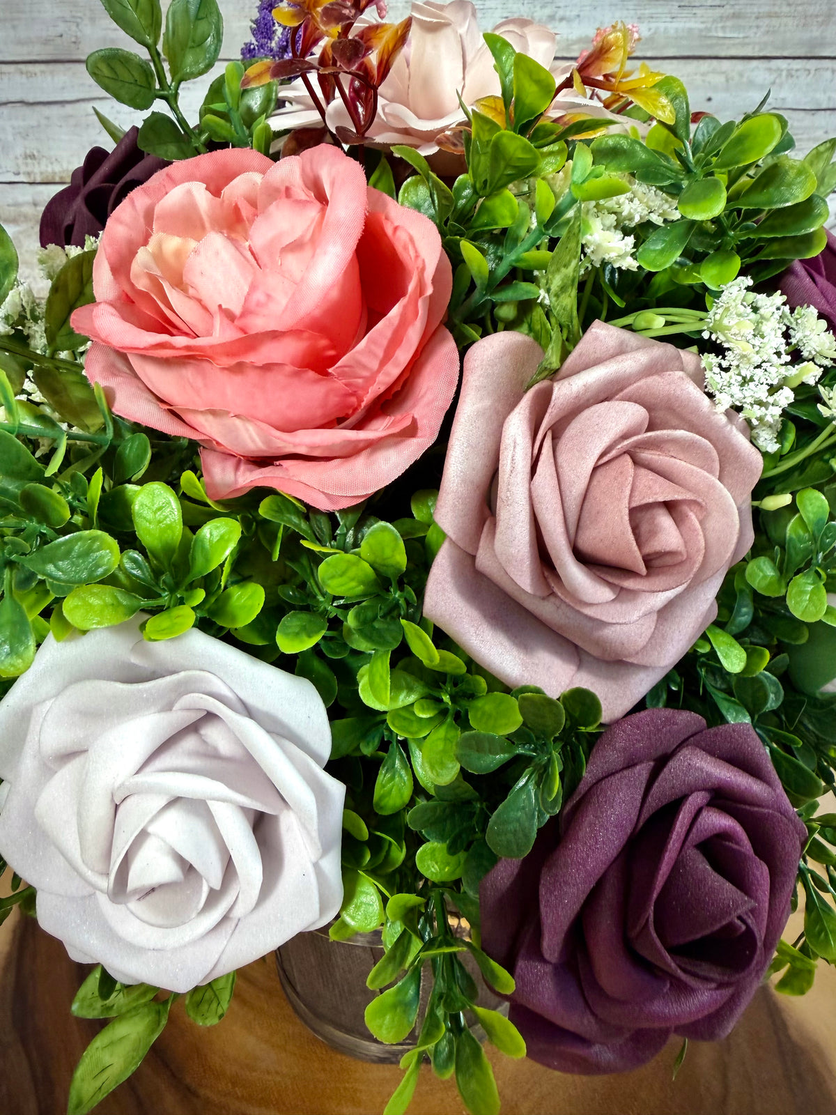 Handmade Purple & Gray Floral Arrangement – Rustic Bucket Decor