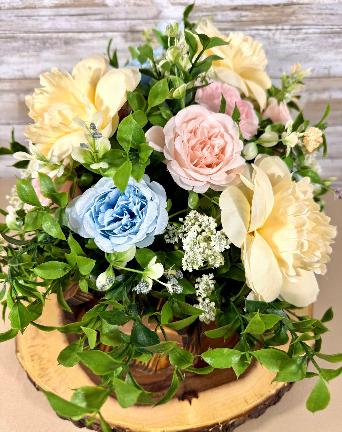 Handmade Floral Arrangement – Pastel Peonies & Garden Roses, Rustic Wooden Crate