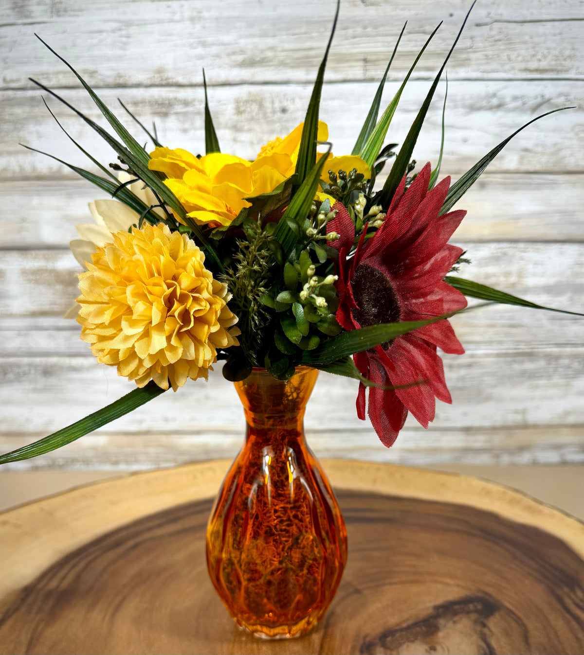 Fall Floral Arrangement | Yellow Gerbera Daisy & Orange Glass Vase